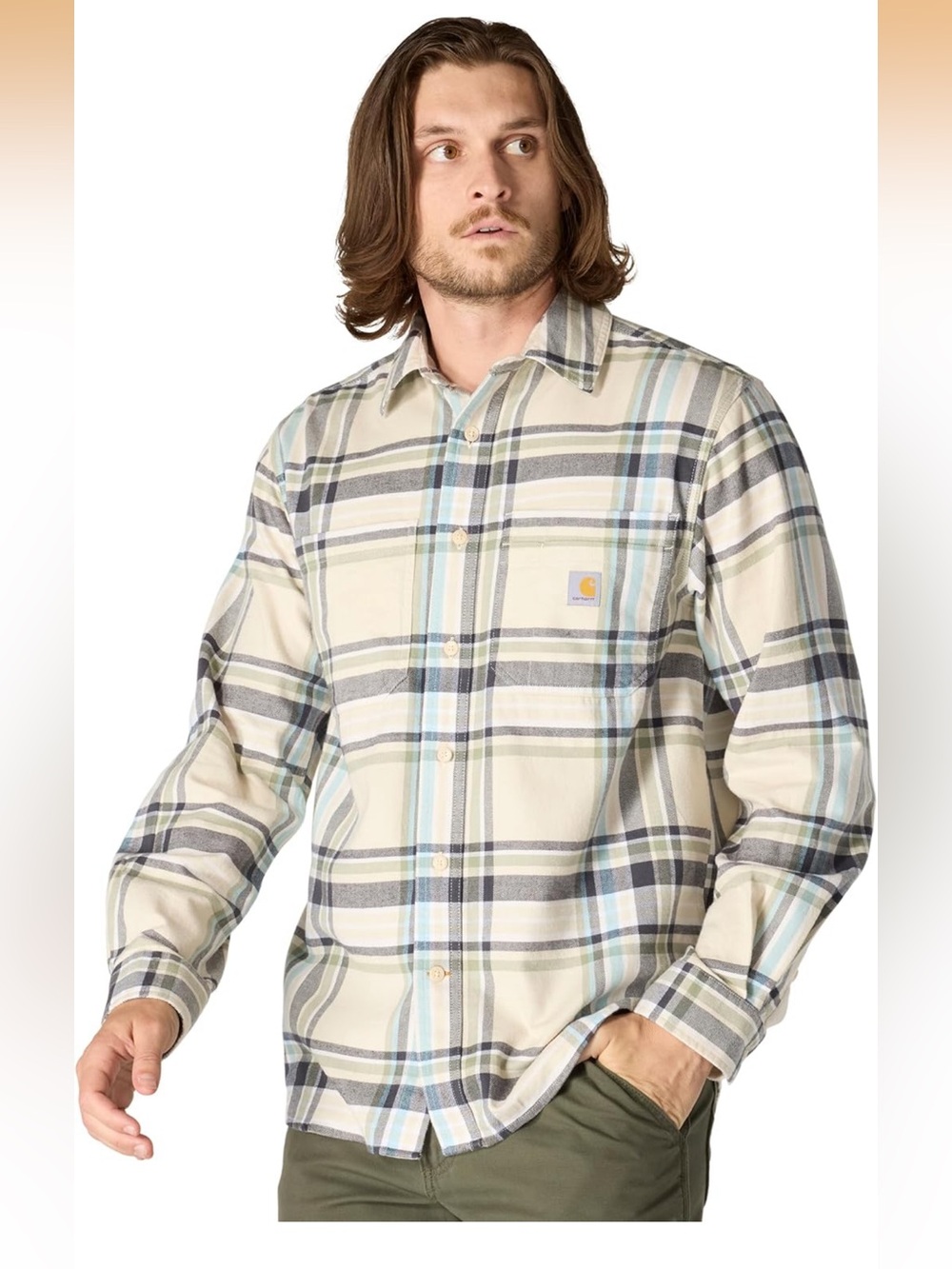 Carhartt Beige Plaid Button-up flannel. Look at all pictures